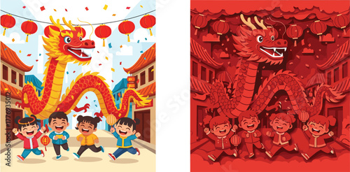 Chinese New Year celebration, dragon dance festival, children parade, red lanterns, traditional costume, festive street, cultural event, lucky symbol, joyful mood