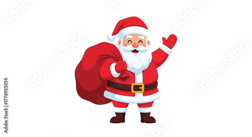 Cartoon Santa Claus waving with a red sack over his shoulder, isolated on white.