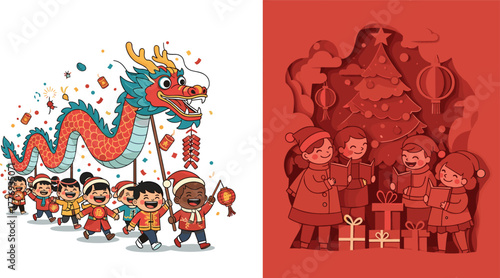 Children celebrating Chinese New Year and Christmas, dragon dance, caroling, festive traditions, holidays, multicultural joy, lanterns, gifts, winter, costumes