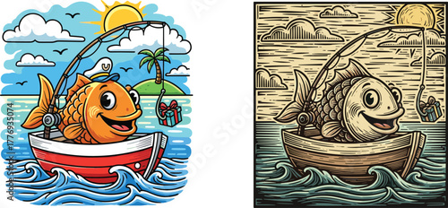 Cheerful fish fishing gift box, cartoon and vintage style, ocean boat scene, sunny day, playful illustration, dual artistic concept