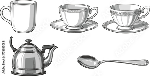 Ceramic mug, teacup with saucer, metal kettle, kitchen spoon, grayscale kitchenware, tea set, beverage tools, vintage kitchen items