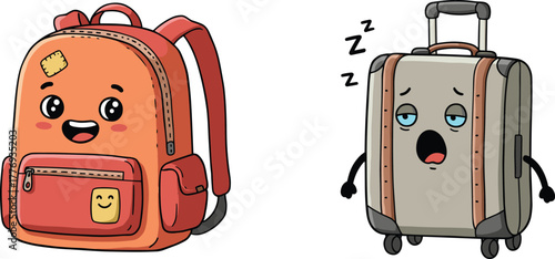 Cartoon travel luggage characters, happy backpack, sleepy suitcase, cute illustration, kids travel concept, funny baggage, emotional bags, vector art