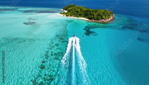 Tropical Atoll Island Paradise with Speedboat Exploring Turquoise Waters and Lush Greenery Under Bright Sunlight