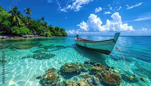 Tranquil Tropical Island Scene With A Small Boat Bobbing In Crystal Clear Turquoise Water And Lush Green Palm Trees Lining The Shore Under A Bright Blue Sky With Fluffy White Clouds