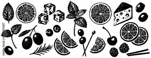 Vintage fruits and garnish set, xerography halftone photocopy art, black and white bar ingredients collection, isolated on transparent background