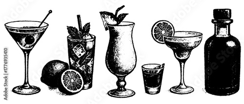 Classic cocktail and bottle set, xerography halftone photocopy art, black and white bar collection, isolated on transparent background