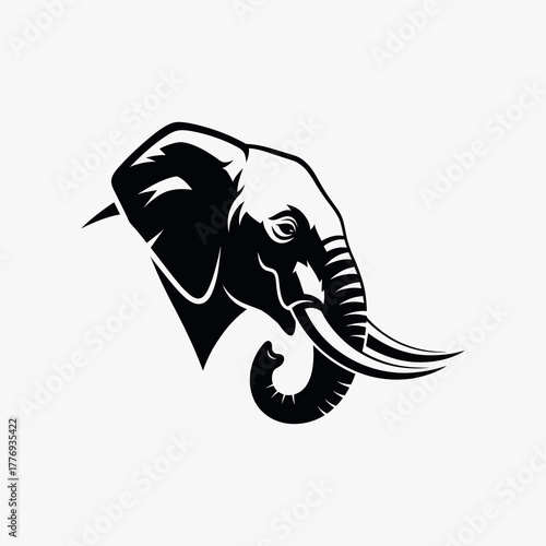 A powerful black and white graphic illustration of an elephant head in profile, featuring prominent tusks and a curled trunk.
