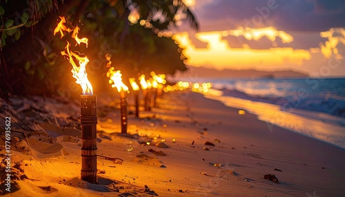 Tropical Island Beach Path Lined with Torches at Sunset with Warm Golden Light Illuminating Sand and Ocean Waves