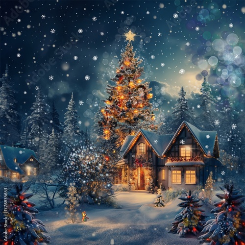 Christmas night in forest with decorated houses and Christmas tree with lights, holiday card 