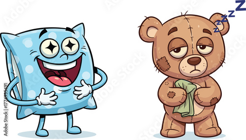 Cartoon pillow and teddy bear, bedtime characters, sleep concept, cute plush toys, funny expressions, night routine, adorable illustration, humor