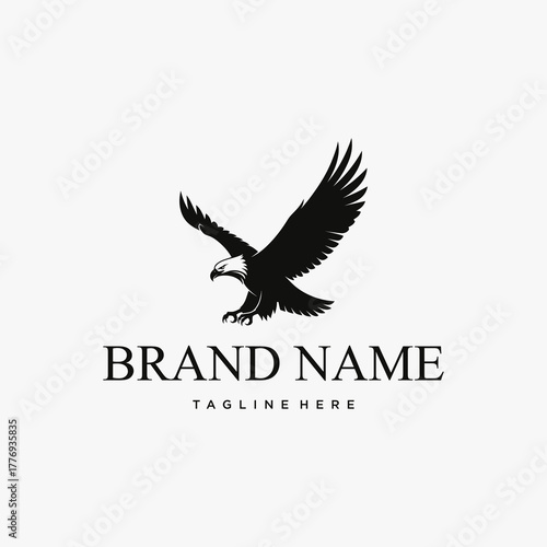 Eagle logo design with wings spread, brand name and tagline.