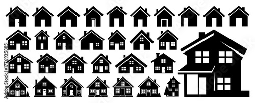 Black House Icon Set - Minimalist Home Silhouettes, Modern Real Estate Vector Collection on Transparent Background