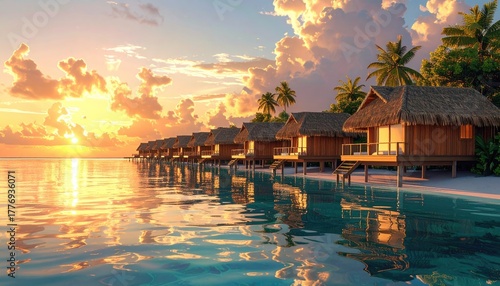 Fototapeta Naklejka Na Ścianę i Meble -  Tropical Overwater Bungalows at Sunrise with Golden Light Reflecting on Calm Ocean Water and White Sand Beach Lined with Palm Trees