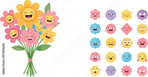 Cartoon flower bouquet with smiling faces, colorful emotions, cute floral expressions, happy character design, playful kids illustration, emotional icons