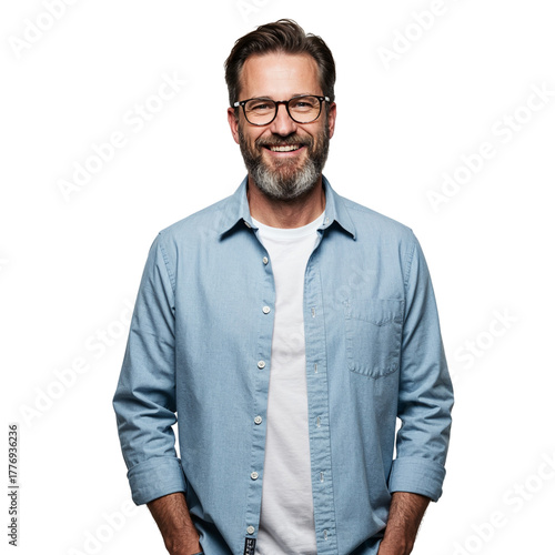 Smiling man wearing glasses and denim shirt with white t-shirt underneath portrait isolated on transparent background