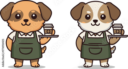 Cartoon dogs as baristas, cute coffee shop characters, animal cafe staff, friendly dog illustration, tray holding pose, kids artwork theme