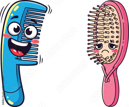 Cartoon comb and hairbrush with emotions, happy comb, sad brush, anthropomorphic grooming tools, funny hair care illustration, expressive characters