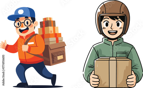 Cartoon delivery workers, package logistics, courier service illustration, smiling characters, cardboard boxes, express shipping, transportation, friendly design, parcel handling, uniformed staff