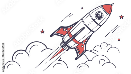 A cartoon rocket ship takes off