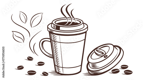 Coffee cup with steam and coffee beans