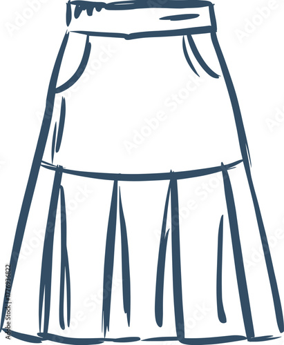 Vector CAD drawing of pleated flared skirt with waistband, side pockets, and voluminous silhouette for fashion design and garment illustration