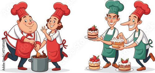 Cartoon chefs, cooking, baking, teamwork, red apron, green apron, stirring pot, presenting cake, dessert, kitchen, culinary, smiling, happy, fun, illustration, character