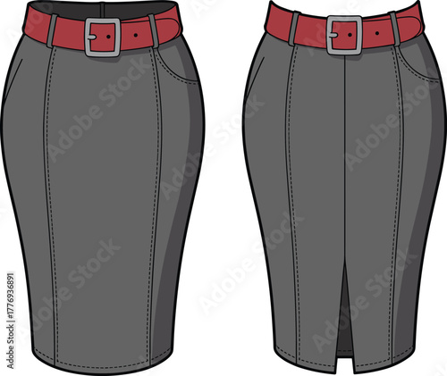 Vector CAD drawing of fitted pencil skirt with red belt, front pockets, and back slit for fashion design and garment illustration
