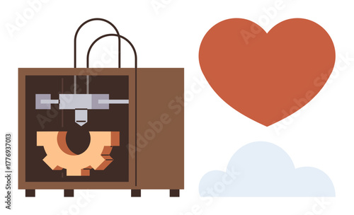 3D printer crafting a gear part, accompanied by a heart and a cloud shape. Ideal for modern technology, innovation, creativity, digital manufacturing, engineering, love of tech, and futuristic