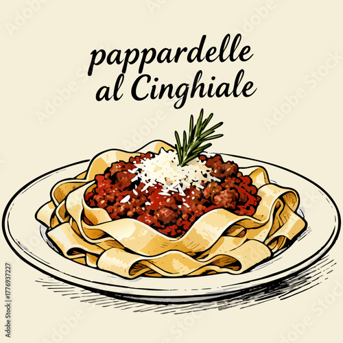A classic Tuscan dish of Pappardelle pasta with a hearty wild boar meat sauce, parmesan cheese, and rosemary, in a hand-drawn sketch style