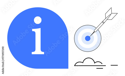 Large blue info bubble paired with dart hitting a bullseye target and a minimal line-drawn cloud. Ideal for guidance, goals, precision, learning, planning, success, strategy. Simple flat metaphor