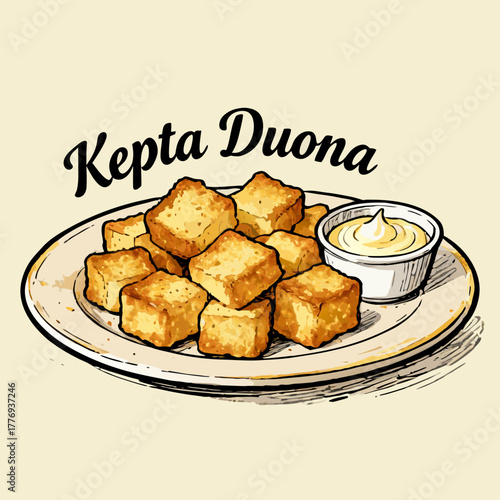 Kepta douna, A vintage vector sketch illustration of golden brown fried bread appetizer bites on a plate with a side of savory dipping sauce