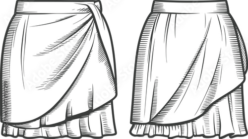 Vector CAD drawing of wrap skirts with pleated underskirt, diagonal drape, and layered hemline for fashion design and garment illustration
