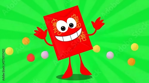Smiling Red Envelope Cartoon Character on Vibrant Green Background with Colorful Orbs, Lunar New Year Celebration