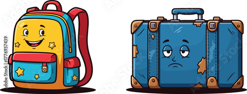 Cartoon backpack happy face, suitcase sad expression, travel bags characters, emotional luggage, kids illustration, colorful vector, isolated white background