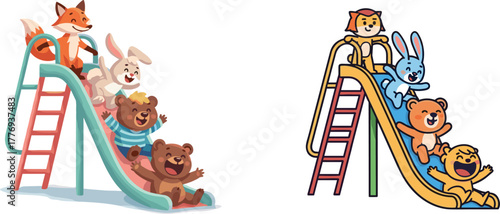 Cartoon animals, children playing, colorful slides, outdoor fun, joyful expressions, playground scene, happy kids, cute characters, vibrant illustration, cheerful moment