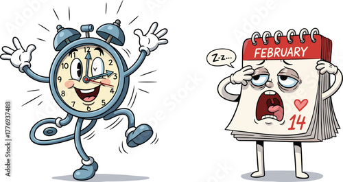 Cartoon alarm clock dancing, sleepy February calendar, Valentine's Day humor, morning wakeup concept, cute characters, funny illustration, time and date