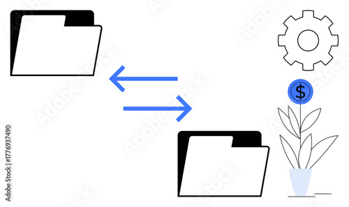 File folders with arrows between, gear, and plant growing with dollar sign. Ideal for collaboration, business productivity, financial growth, economics, data management, workflow efficiency simple