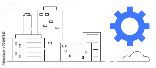 Outline cityscape with high-rise buildings, blue gear, and cloud. Ideal for technology, innovation, infrastructure, industry connection, process management, smart cities simple flat metaphor