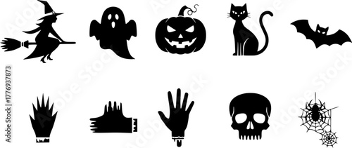 Halloween themed characters and body parts artwork vector, illustration, silhouette, clipart, horizontal, isolated assets, on transparent background
