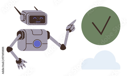 Friendly robot with mechanical arms highlighting a green checkmark and a cloud. Ideal for technology, AI, robotics, innovation, cloud computing, success, automation themes. Simple flat metaphor