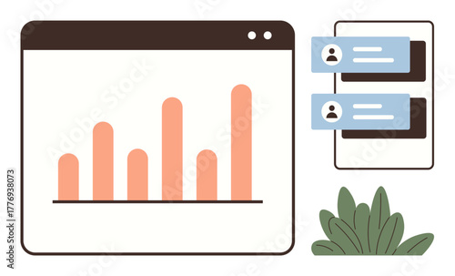 Bar graph on browser window, user chats on smartphone, and green leafy plant. Ideal for teamwork, workflow, communication, data trends, productivity user interface modern business. Simple flat