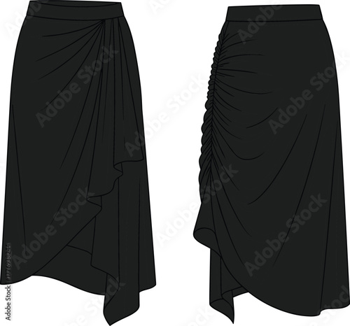 Black asymmetrical skirts, draped hemline, ruched detailing, fashion illustration, garment design, stylish silhouette, wrap style, elegant texture, couture concept, modern tailoring