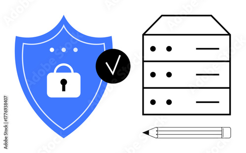 Blue shield with lock symbol, checkmark, server stack, and pencil representing cybersecurity, data storage, and management. Ideal for technology, security, infrastructure IT systems privacy