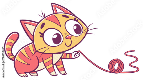Illustration of a cute cat playing with yarn
