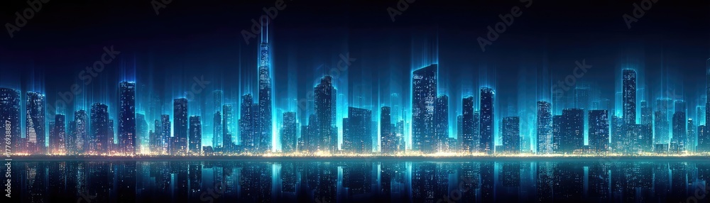 Obraz premium Futuristic skyscraper wireframe with digital complexity concept. Futuristic city skyline illuminated by vibrant neon lights.
