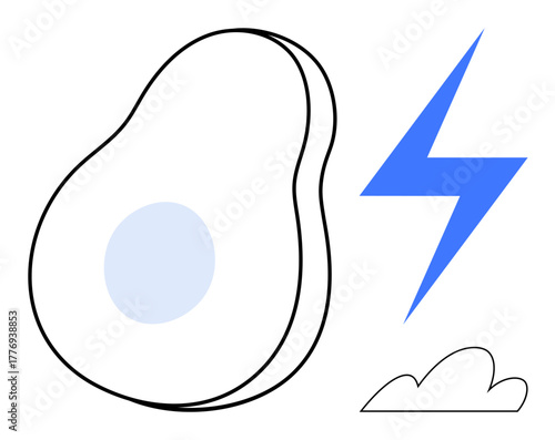 Abstract avocado with a blue energy bolt and minimal cloud design. Ideal for health, wellness, energy, nature, sustainability, food, and vitality themes. Simple flat metaphor