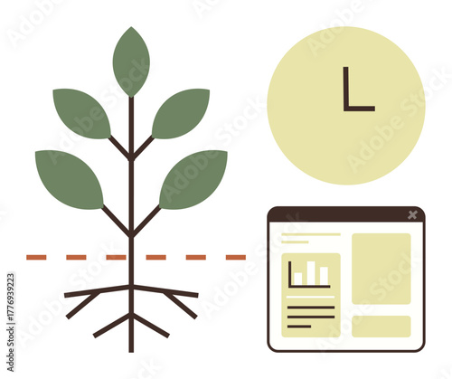 Plant with roots and leaves, clock symbol, and analytics interface representing growth, sustainability, time, efficiency, development, eco-friendly practices, and progress in simple flat metaphor