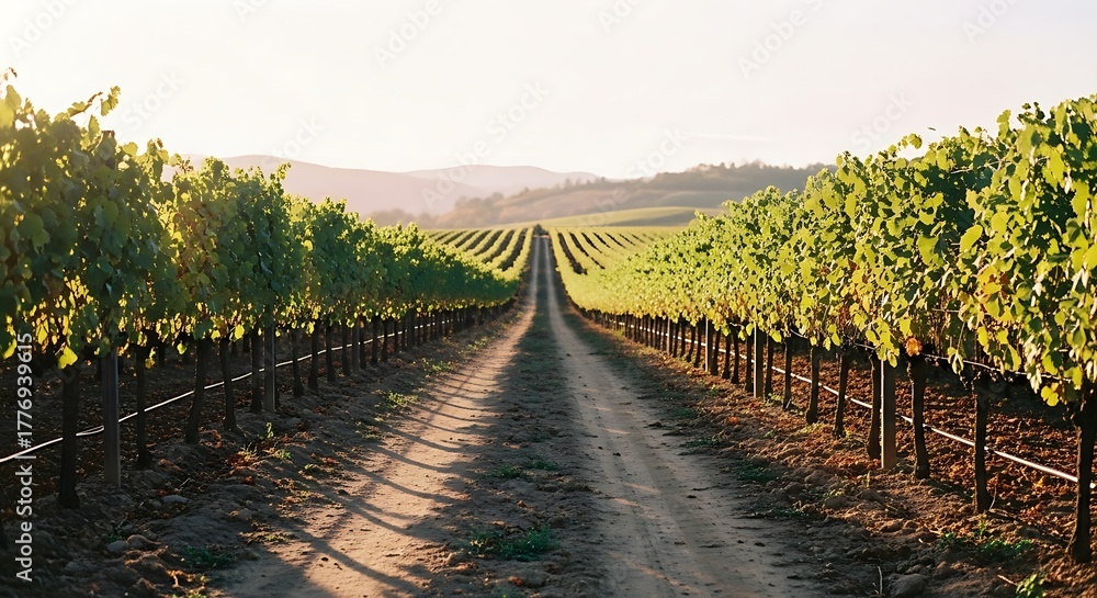 Obraz premium Golden Hour Sunlight Over a Beautiful Vineyard with a Dirt Road.