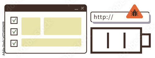 Browser with checklist, bug alert on URL bar, low battery icon. Ideal for cybersecurity, malware, internet safety, energy efficiency, device maintenance, tech warnings simple flat metaphor