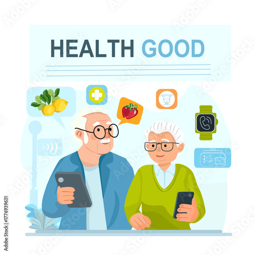 Illustration of older adults using smart devices to monitor health and nutrition. Elderly people wearing smartwatches and using apps to track food, fitness, and wellness data. Concept of digital healt